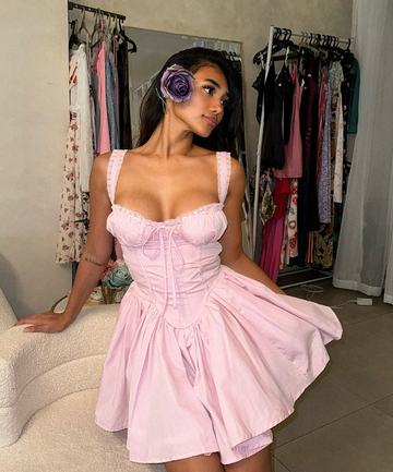 Cute Pink A Line Straps Lace Satin Short Homecoming Dress Outfits HZ1023